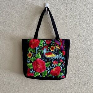 $5 LABOR DAY SALE Floral Embroidered Black Tote Bag